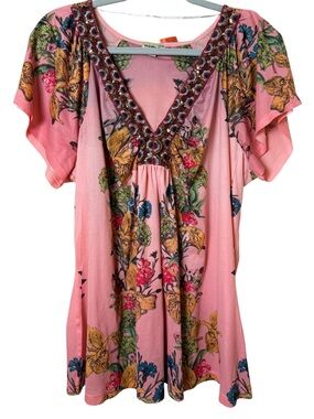 ONE WORLD 2X Pink Floral Beaded V-Neck Tunic